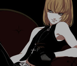 Rule 34 | 1boy, androgynous, belt, black gloves, black pants, blonde hair, candy, chocolate, couch, cross, death note, food, gloves, jewelry, leather, male focus, mello (death note), navel, necklace, pants, sitting, solo, vest