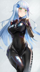 Rule 34 | 1girl, black bodysuit, blunt bangs, bodysuit, breasts, closed mouth, commentary request, covered navel, facial mark, girls&#039; frontline, green eyes, hair ornament, hand on own chest, hand on own hip, himonoata, hk416 (girls&#039; frontline), long hair, looking at viewer, medium breasts, silver hair, solo, standing, teardrop, thigh gap, very long hair