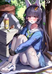 Rule 34 | 1girl, absurdres, animal, bird, black gloves, black hair, blue archive, blue skirt, blunt bangs, blush, crying, crying with eyes open, day, full body, gloves, green neckerchief, grey halo, halo, highres, leaf, leaf on head, long hair, long sleeves, looking at viewer, miyu (blue archive), neckerchief, open mouth, outdoors, pantyhose, pleated skirt, red eyes, sailor collar, sak (lemondisk), shoes, skirt, sneakers, solo, sparrow, tears, torn clothes, torn pantyhose, two-tone skirt, white footwear, white pantyhose, white sailor collar
