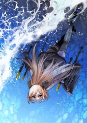 Rule 34 | 1girl, black thighhighs, bubble, elbow gloves, fingerless gloves, gloves, green eyes, grey gloves, grey skirt, grey thighhighs, grin, headgear, kagesaki yuna, kantai collection, long hair, looking at viewer, orange hair, rigging, salmon (kancolle), skirt, smile, solo, swimming, thighhighs, underwater