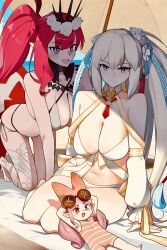 Rule 34 | 3girls, absurdres, baobhan sith (fate), baobhan sith (swimsuit pretender) (fate), baobhan sith (swimsuit pretender) (third ascension) (fate), bare shoulders, beach, bikini, blue eyes, blue hair, blush, braid, breasts, button eyes, buttons, cleavage, crown, detached collar, detached sleeves, fate/grand order, fate (series), flower, grey eyes, habetrot (fate), hair flower, hair ornament, hair ribbon, hat, highres, large breasts, long hair, looking at viewer, monkey jon, morgan le fay (fate), morgan le fay (water princess) (fate), mother and daughter, multiple girls, open mouth, pink hair, pink headwear, pointy ears, ponytail, red eyes, ribbon, side ponytail, sidelocks, small breasts, smile, swimsuit, thighhighs, thighs, twin braids, very long hair, white bikini, white hair, white thighhighs