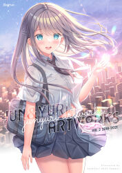 Rule 34 | 1girl, :d, bag, black necktie, black skirt, blue eyes, blush, breasts, brown hair, cityscape, collared shirt, commentary request, cover, cover page, dress shirt, floating hair, hair ornament, hairclip, hand up, highres, long hair, looking at viewer, medium breasts, navel, necktie, open mouth, original, outdoors, pleated skirt, school bag, school uniform, shirakawako, shirt, skirt, smile, solo, sunset, teeth, upper teeth only, white shirt