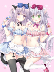 Rule 34 | 2girls, :d, absurdres, airi (alice or alice), alice or alice, animal ear fluff, animal ears, apron, bare shoulders, black thighhighs, blue bow, blue skirt, blue sleeves, blush, bow, breasts, cat ears, cat girl, cat tail, cleavage, closed mouth, commentary request, detached sleeves, frilled apron, frilled skirt, frills, green eyes, grey hair, hair between eyes, hair bow, heart, high heels, highres, holding, holding wand, korie riko, medium breasts, multiple girls, navel, open mouth, pink background, pink skirt, pink sleeves, puffy short sleeves, puffy sleeves, purple bow, purple eyes, red bow, red footwear, rise (alice or alice), shoes, short sleeves, simple background, skirt, smile, star (symbol), starry background, striped clothes, striped skirt, tail, thighhighs, vertical-striped clothes, vertical-striped skirt, waist apron, wand, white apron, white thighhighs