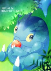 Rule 34 | alopias, apple, artist name, black eyes, character name, claws, closed mouth, colored sclera, commentary, creatures (company), dated, food, fruit, game freak, gen 2 pokemon, grass, heracross, highres, holding, holding food, holding fruit, nintendo, pokemon, pokemon (creature), sideways glance, sitting, solo, yellow sclera