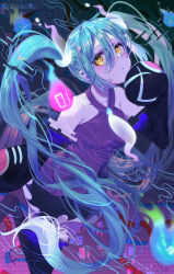 Rule 34 | 1girl, absurdres, aqua hair, black thighhighs, creatures (company), denko (ziutyou3maruhho), detached sleeves, floating, game freak, ghost, ghost miku (project voltage), glitch, gradient hair, grey shirt, hair between eyes, hatsune miku, highres, long hair, looking at viewer, multicolored hair, necktie, nintendo, pokemon, project voltage, see-through, see-through skirt, shirt, skirt, thighhighs, twintails, very long hair, vocaloid, will-o&#039;-the-wisp (mythology), yellow eyes