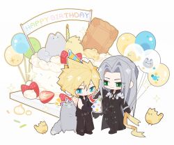 Rule 34 | 2boys, armor, asymmetrical sleeves, baggy pants, balloon, belt buckle, bird, black footwear, black gloves, black pants, black shirt, black wings, blonde hair, blue eyes, boots, bracer, buckle, cake, candle, cat, chest harness, chibi, chick, cloud strife, coat, dapanggezilan, expressionless, feathered wings, final fantasy, final fantasy vii, final fantasy vii advent children, food, fruit, gloves, green eyes, grey cat, grey hair, happy birthday, harness, hat, high collar, highres, icing, light smile, long bangs, long coat, long sleeves, male focus, messy hair, multiple boys, pants, parted bangs, party hat, pastry, pauldrons, ribbon, sephiroth, shirt, short hair, shoulder armor, single pauldron, sleeveless, sleeveless turtleneck, smile, sparkle, sprinkles, strap, strawberry, thigh boots, turtleneck, wings, yellow ribbon, zipper