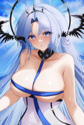Rule 34 | 1girl, absurdres, alsace (azur lane), azur lane, bare shoulders, belt, between breasts, black belt, black tiara, blue eyes, blue hair, blue sky, breast strap, breastless clothes, breasts, chinese commentary, cleavage, cloud, collarbone, commentary, covered navel, day, detached collar, dress, hair between eyes, halo, halo behind head, headgear, highres, large breasts, light blush, long hair, looking at viewer, no mask, parted bangs, parted lips, revealing clothes, ribbon, sidelocks, sky, slqnsdl, solo, standing, strap between breasts, tiara, underbust, upper body, very long hair, white dress
