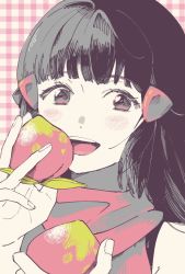 Rule 34 | 1girl, berry (pokemon), black hair, blush, commentary request, creatures (company), dawn (pokemon), eyelashes, fingernails, food, fruit, game freak, grey eyes, hair ornament, hairclip, hands up, holding, holding food, holding fruit, long hair, looking at viewer, nintendo, no sclera, omyo (myomyomyo22), open mouth, pink scarf, pokemon, pokemon dppt, scarf, smile, solo, teeth, tongue, upper body