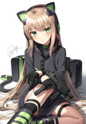 Rule 34 | 1girl, animal ear headphones, animal ears, axent wear, bag, black gloves, black jacket, black socks, blonde hair, boots, cat ear headphones, cat tail, character name, commentary request, duffel bag, fake animal ears, girls&#039; frontline, gloves, green eyes, gun, headphones, highres, holding, holding gun, holding weapon, jacket, knee up, long hair, long sleeves, looking at viewer, name connection, object namesake, shadow, signature, simple background, sitting, socks, solo, b&amp;t mp9, submachine gun, superpig, tail, thigh strap, tmp (girls&#039; frontline), trigger discipline, very long hair, weapon, white background