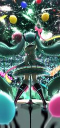 Rule 34 | 1girl, 39, aqua hair, audience, backlighting, balloon, bare shoulders, black sleeves, black thighhighs, blurry, blurry foreground, commentary, confetti, detached sleeves, frilled skirt, frills, from behind, full body, glowstick, hair ornament, hatsune miku, headphones, highres, hoop skirt, itogari, knees together feet apart, long hair, magical mirai (vocaloid), magical mirai miku, magical mirai miku (2018), microphone stand, neon trim, penlight (glowstick), shirt, shoulder tattoo, skirt, sleeveless, sleeveless shirt, spotlight, standing, tattoo, thighhighs, twintails, very long hair, vocaloid
