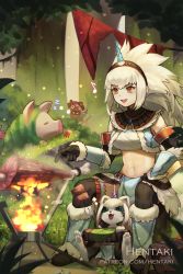 Rule 34 | 1girl, :d, abs, animal, artist name, bare shoulders, black gloves, boots, breasts, commentary, cooking, creature, crop top, dragalia lost, fang, fire, food, fur trim, gloves, grass, hairband, hentaki, horns, kirin (armor), long hair, meat, medium breasts, midriff, monster hunter (series), monster hunter: world, musical note, nature, navel, open mouth, orange eyes, pelvic curtain, pig, shirt, silver hair, single horn, sitting, sleeveless, sleeveless shirt, smile, solo, stomach, vambraces, vanessa (dragalia lost), watermark, web address, zzz