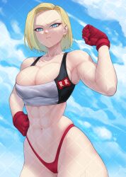 Rule 34 | 1girl, abs, android 18, arm up, artist name, bare shoulders, blonde hair, blue eyes, breasts, cleavage, clenched hand, closed mouth, cloud, cloudy sky, collarbone, dragon ball, dragonball z, earrings, flexing, gabriel carrasquillo, gloves, hand on own hip, highleg, highleg panties, jewelry, large breasts, looking at viewer, navel, panties, patreon username, red gloves, red panties, red ribbon army, short hair, single earring, skindentation, sky, solo, sports bra, stomach, sweatdrop, toned, two-tone sports bra, underwear