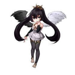 Rule 34 | 1girl, angel, asymmetrical wings, bad id, bad pixiv id, bare shoulders, black hair, black pantyhose, black wings, breasts, chibi, cleavage, detached sleeves, dress, full body, green eyes, green nails, hair between eyes, hair ornament, long hair, looking at viewer, metatron (soccer spirits), multicolored wings, nail polish, nemori, open mouth, pantyhose, ponytail, short dress, simple background, soccer spirits, solo, split ponytail, twintails, very long hair, white background, white dress, white wings, wings