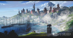 Rule 34 | 1girl, absurdres, baka (mh6516620), blonde hair, blue sky, building, castle, cliff, cloud, copyright name, day, facing away, highres, horse, letterboxed, mountain, pixiv fantasia, pixiv fantasia age of starlight, ship, short hair, sky, solo, standing, water, watercraft