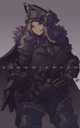 Rule 34 | 1girl, armor, armored gloves, asymmetrical clothes, black headwear, breasts, brown eyes, cape, dated, full armor, fur trim, greaves, highres, large breasts, looking at viewer, muscular, muscular female, original, personification, short hair, shoulder armor, signature, solo, strap, train, white hair, zhvo
