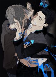 Rule 34 | 2boys, beard, black hair, blood, blood on chest, blood on face, blood on hands, blue blood, colored blood, connor (detroit), crying, cuts, detroit: become human, facial hair, grey hair, hand on another&#039;s chest, hank anderson, highres, injury, jacket, male focus, multiple boys, open clothes, open jacket, sideways, tears, yaoi, yulim0