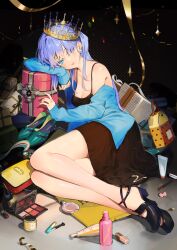 Rule 34 | 1girl, absurdres, black dress, black footwear, blue eyes, blue hair, blue jacket, box, breasts, character request, cleavage, copyright request, cross, cross earrings, crown, dress, earrings, full body, gift, gift box, hat over one eye, highres, jacket, jewelry, legs, long hair, long sleeves, looking at viewer, makeup brush, medium breasts, off shoulder, open mouth, reclining, shoes, sleeves past wrists, smile, solo, twintails, unworn shoes, yamano (yamanoh), yellow bag