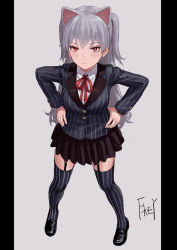 Rule 34 | 1girl, animal ears, artist name, black footwear, black skirt, black thighhighs, blazer, blush, breasts, cat ears, eyeshadow, feiqizi (fkey), fkey, full body, garter straps, grey background, hair between eyes, hands on own hips, highres, jacket, loafers, long hair, long sleeves, looking at viewer, makeup, medium breasts, miniskirt, neck ribbon, original, pillarboxed, pleated skirt, red eyes, red ribbon, ribbon, shirt, shoes, signature, silver hair, simple background, skirt, solo, standing, striped clothes, striped jacket, striped thighhighs, thighhighs, thighs, two side up, vertical-striped clothes, vertical-striped jacket, vertical-striped thighhighs, white shirt, zettai ryouiki