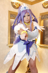 Rule 34 | 1girl, ankle boots, asian, blue eyes, blue hair, boots, bow, bracelet, breasts, choker, chouzuki maryou, cosplay, cure diamond, cure diamond (cosplay), dokidoki! precure, dress, hand on own hip, headpiece, highres, jewelry, large breasts, long hair, magical girl, matching hair/eyes, photo (medium), plump, pointing, ponytail, precure, puffy short sleeves, puffy sleeves, ribbon, short sleeves, solo, tiara