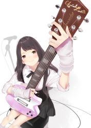 Rule 34 | 1girl, ama mitsuki, amplifier, arm warmers, black skirt, blush, brown eyes, brown hair, closed mouth, commentary, electric guitar, english commentary, from above, guitar, instrument, long hair, long sleeves, looking up, music, neckerchief, original, playing instrument, plectrum, shirt, simple background, sitting, skirt, sleeves rolled up, smile, solo, white background, white shirt