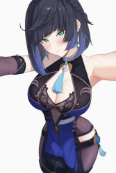 Rule 34 | 1girl, armpits, asymmetrical gloves, bare shoulders, black hair, black pants, blue dress, blue hair, blush, bob cut, breasts, cleavage, cleavage cutout, clothing cutout, diagonal bangs, dice, dress, earrings, genshin impact, gloves, green eyes, highres, jewelry, large breasts, looking at viewer, mismatched gloves, mole, mole on breast, multicolored hair, neck ring, outstretched arms, pants, pelvic curtain, short hair, smile, solo, sp123, tassel, thighs, tight clothes, tight pants, two-tone hair, yelan (genshin impact)