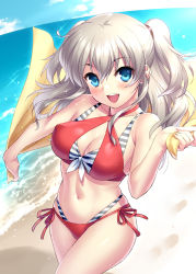 Rule 34 | 1girl, beach, bikini, blue eyes, blue sky, breasts, charlotte (anime), cleavage, cloud, commentary request, cowboy shot, criss-cross halter, day, front-tie top, halterneck, highres, horizon, layered bikini, long hair, looking at viewer, medium breasts, navel, ocean, open mouth, outdoors, red bikini, round teeth, side-tie bikini bottom, silver hair, sky, smile, solo, striped bikini, striped clothes, swimsuit, teeth, tomori nao, two side up, upper teeth only, waves, yellow towel, zen