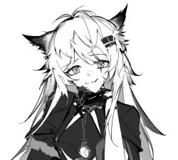 Rule 34 | 1girl, animal ears, arknights, closed mouth, dial, greyscale, hair ornament, hairclip, hand up, highres, holding, holding pocket watch, lappland (arknights), long hair, looking at viewer, messy hair, monochrome, pocket watch, scar, scar across eye, scar on face, simple background, sketch, smile, solo, split mouth, upper body, watch, white background, wolf ears, wolf girl, yuyumu