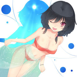 Rule 34 | 1girl, ;d, bandeau, bikini, black hair, bracelet, braid, breasts, cleavage, holding, jewelry, looking at viewer, navel, one eye closed, open mouth, original, red bikini, red eyes, sarong, see-through, see-through sarong, short hair, single braid, skindentation, smile, solo, sts, swimsuit, thigh gap, wink