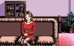 Rule 34 | 1990s (style), 1girl, brown hair, character request, couch, dithering, dress, facing viewer, feet out of frame, flower pot, game cg, indoors, interheart, legs together, looking at viewer, lowres, on couch, pc98, pixel art, plant, potted plant, red dress, reijou monogatari, retro artstyle, short dress, sitting, solo, tagme