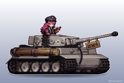 Rule 34 | 1girl, artist name, blue archive, blush, book, commentary, english commentary, from side, gradient background, grey background, grey hair, grey hat, hat, holding, holding book, iroha (blue archive), long sleeves, military hat, military uniform, military vehicle, motor vehicle, necktie, pink hair, pixel art, red necktie, sana (ansancityboy), simple background, solo, tank, tiger i, translation request, twitter username, uniform, vehicle request
