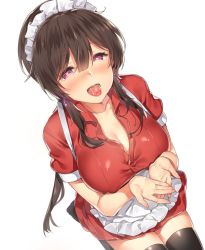 Rule 34 | 1girl, apron, bad id, bad twitter id, black thighhighs, blush, breasts, brown hair, buttons, cleavage, collarbone, collared shirt, cupping hands, dress shirt, earrings, from above, hair between eyes, heart, heart-shaped pupils, jewelry, large breasts, long hair, looking at viewer, looking up, low ponytail, maid, maid apron, maid headdress, open hand, original, own hands together, pink eyes, red skirt, seiza, shirt, short sleeves, simple background, sitting, skirt, smile, solo, symbol-shaped pupils, thighhighs, tongue, tongue out, white apron, white background, wing collar, yuran, zettai ryouiki