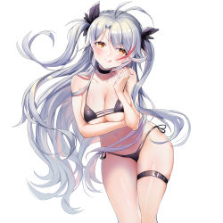 Rule 34 | 1girl, :q, absurdres, antenna hair, azur lane, bad id, bad pixiv id, bare arms, bare shoulders, bikini, black choker, black ribbon, breast hold, breasts, choker, cleavage, closed mouth, collarbone, commentary request, cowboy shot, grey hair, hair ribbon, head tilt, highres, large breasts, leaning forward, long hair, looking at viewer, mo xiaoxue, multicolored hair, navel, prinz eugen (azur lane), prinz eugen (unfading smile) (azur lane), red hair, ribbon, side-tie bikini bottom, simple background, skindentation, smile, solo, streaked hair, string bikini, swept bangs, swimsuit, thigh strap, thighs, tongue, tongue out, two side up, v-shaped eyebrows, very long hair, white background