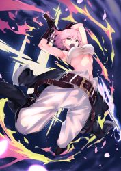 Rule 34 | 1girl, absurdres, alchemy stars, armpits, arms up, bandages, bandeau, bare arms, belt, black belt, black footwear, black gloves, boots, breasts, chest sarashi, commentary request, gloves, highres, hiiro (alchemy stars), holding, holding sword, holding weapon, katana, large breasts, looking at viewer, midriff, open mouth, pants, pink hair, purple eyes, sarashi, short hair, solo, stomach, strapless, sword, tube top, weapon, white pants, yukiya725