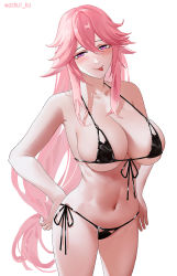 Rule 34 | 1girl, :p, bikini, bitter experience, black bikini, blush, breasts, clothing cutout, collarbone, cowboy shot, front-tie bikini top, front-tie top, genshin impact, hair between eyes, hands on own hips, highres, large breasts, long hair, looking at viewer, low-tied long hair, micro bikini, navel, pink hair, purple eyes, side-tie bikini bottom, simple background, skindentation, solo, stomach, swimsuit, tongue, tongue out, twitter username, white background, yae miko