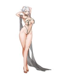 Rule 34 | 1girl, areola slip, armpits, audrey dreamweaver, breasts, full body, game cg, green eyes, hair ornament, hairpin, high heels, highres, large breasts, last origin, looking at viewer, navel, official art, one-piece swimsuit, rorobomb, shibari, silver hair, simple background, smile, solo, standing, swimsuit, tachi-e, transparent background, updo