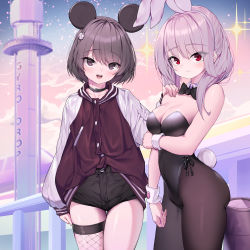 Rule 34 | 2girls, :d, animal ears, arm under breasts, bare shoulders, black leotard, black neckwear, black shorts, blurry, blurry background, bow, bowtie, breasts, brown eyes, brown jacket, brown legwear, rabbit ears, rabbit tail, cleavage, collar, commentary request, dduck kong, depth of field, detached collar, fake animal ears, fishnet legwear, fishnets, grey hair, hair ornament, hairband, hand on another&#039;s shoulder, highres, jacket, leotard, long hair, long sleeves, looking at viewer, medium breasts, mouse ears, multiple girls, open mouth, original, outdoors, pantyhose, playboy bunny, red eyes, short shorts, shorts, single thighhigh, sleeves past wrists, smile, strapless, strapless leotard, tail, thighhighs, track jacket, white collar, white hairband, wing collar, wrist cuffs