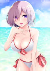 Rule 34 | 1girl, bikini, breasts, cleavage, day, fate/grand order, fate (series), hair over one eye, halterneck, hand on own chest, hiba (p-p-purin), large breasts, leaning forward, light purple hair, looking at viewer, mash kyrielight, mash kyrielight (swimsuit of perpetual summer), navel, official alternate costume, open mouth, outdoors, purple eyes, side-tie bikini bottom, solo, string bikini, swimsuit, water, wet, wet hair, white bikini