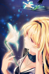 Rule 34 | blonde hair, flower, glowing, hairband, holding, jewelry, lily (flower), linia pacifica, long hair, lowres, necklace, outstretched hand, red eyes, reum, silhouette, solo, sword girls