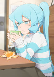 Rule 34 | 1girl, abmayo, alternate costume, alternate hairstyle, blurry, blurry background, breasts, cup, from side, hatsune miku, highres, holding, indoors, kotatsu, long hair, ponytail, sitting, small breasts, solo, steam, striped clothes, striped sweater, sweater, table, vocaloid