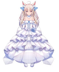 Rule 34 | 1girl, ahoge, animal ear fluff, animal ears, bare shoulders, blue flower, blue ribbon, blue rose, blush, breasts, bride, cleavage, closed mouth, collarbone, commentary request, copyright request, detached sleeves, dress, flower, full body, hair between eyes, hair ornament, hair ribbon, highres, layered dress, layered sleeves, light brown hair, long hair, long sleeves, medium breasts, pleated dress, puffy short sleeves, puffy sleeves, red eyes, ribbon, rose, shoes, short over long sleeves, short sleeves, simple background, smile, solo, strapless, strapless dress, twiska (doubitian), virtual youtuber, wedding dress, white background, white dress, white footwear, white sleeves