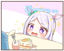 Rule 34 | 1girl, animal ears, blue shirt, blush, bow, cake, cake slice, carrot, chibi, commentary request, drooling, ear ribbon, food, fork, green ribbon, hands up, holding, holding fork, horse ears, jako (jakoo21), mejiro mcqueen (umamusume), mouth drool, open mouth, parted bangs, plate, purple eyes, purple hair, ribbon, shirt, solo focus, sparkle, sweat, translation request, umamusume, wavy mouth