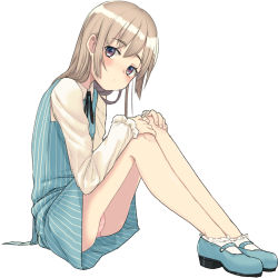 Rule 34 | 1girl, black ribbon, blue dress, blue footwear, blush, bobby socks, brown hair, closed mouth, dress, fingernails, full body, hands on own knees, long hair, long sleeves, mary janes, muranisaki, neck ribbon, original, panties, pink panties, red eyes, ribbon, shirt, shoes, simple background, sitting, sleeves past wrists, socks, solo, striped clothes, striped dress, underwear, vertical-striped clothes, vertical-striped dress, white background, white shirt, white socks