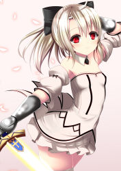 Rule 34 | 1girl, absurdres, arm behind head, artoria pendragon (all), artoria pendragon (fate), black bow, bow, breasts, cosplay, cowboy shot, detached sleeves, excalibur (fate/stay night), fate/kaleid liner prisma illya, fate (series), gauntlets, grey background, hair between eyes, hair bow, highres, holding, holding sword, holding weapon, illyasviel von einzbern, long hair, microskirt, nyarumi, pleated skirt, ponytail, red eyes, saber lily, saber lily (cosplay), silver hair, simple background, skirt, small breasts, solo, standing, strapless, sword, thighhighs, weapon, white skirt, white thighhighs, zettai ryouiki