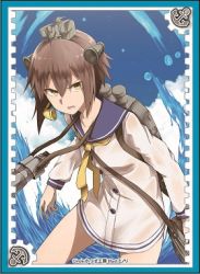 Rule 34 | 10s, 1girl, anchor symbol, bag, bare legs, binoculars, brown eyes, brown hair, card, dress, hair between eyes, headgear, kantai collection, kappakoubou, long sleeves, lowres, open mouth, rigging, sailor dress, satchel, solo, translation request, waves, wet, wet clothes, yukikaze (kancolle)