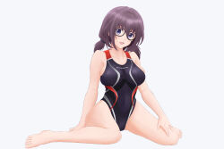 Rule 34 | 1girl, absurdres, alice gear aegis, barefoot, black-framed eyewear, black hair, black one-piece swimsuit, blue eyes, breasts, clothes writing, competition swimsuit, full body, glasses, highres, komazoi eden, large breasts, low twintails, medium hair, multicolored clothes, multicolored swimsuit, one-piece swimsuit, simple background, sitting, solo, swimsuit, tubamesaapoo, twintails, wariza, white background