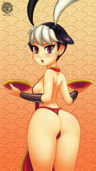 Rule 34 | 10s, 1girl, 2016, animal, animal on head, apron, artist name, ass, bird, bird on head, black hair, bowl, breasts, cameltoe, dimples of venus, feng (skullgirls), highres, holding, lips, looking at viewer, looking back, multicolored hair, naked apron, on head, open mouth, purple eyes, pursed lips, revtilian, size difference, skullgirls, small breasts, solo focus, standing, steam, sweat, sweatdrop, two-tone hair, watermark, white hair, wide hips