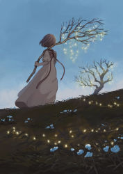 Rule 34 | 1girl, bare tree, blue flower, blue sky, blurry, bob cut, branch, brown hair, brown ribbon, christmas lights, dark, depth of field, dress, facing away, floating hair, flower, from behind, glowing, gradient sky, grass, hand up, highres, hill, holding, holding branch, light, long dress, monaka (siromona), original, outdoors, puffy short sleeves, puffy sleeves, ribbon, scenery, short hair, short sleeves, sky, solo, standing, tree, twilight, white dress, wide shot, wind