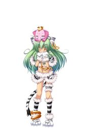 Rule 34 | 1girl, animal ears, animal hands, anklet, cat ears, chain, closed eyes, crop top, earrings, elephant, full body, gloves, green hair, grin, highres, jewelry, koihime musou, kuwada yuuki, long hair, midriff, moukaku, navel, paw gloves, paw shoes, shoes, skirt, smile, solo, tail, transparent background
