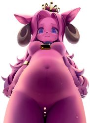 Rule 34 | 1girl, :3, animal ears, blue eyes, blush, body fur, breasts, censored, cleft of venus, cowbell, crown, female focus, from below, furry, furry female, heart, heart censor, horns, long hair, looking at viewer, lyc, multicolored hair, navel, nude, original, pink fur, pink hair, pussy, sheep ears, sheep horns, solo, transparent background