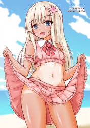 Rule 34 | 1girl, alternate costume, beach, blonde hair, blue eyes, blue sky, cloud, contrapposto, cowboy shot, crop top, dated, day, groin, highres, kamiya tadato, kantai collection, long hair, midriff, one-hour drawing challenge, one-piece tan, outdoors, pink shirt, pink skirt, ro-500 (kancolle), shirt, skirt, skirt hold, sky, sleeveless, sleeveless shirt, solo, tan, tanline, twitter username